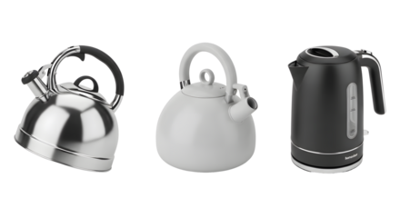 Three kettles: stainless steel, white, and black electric on transparent background