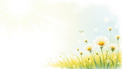 create a serene watercolor illustration featuring dandelions in full bloom under a bright sunlit background