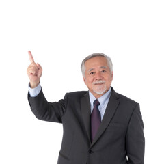 Confident senior Asian businessman in formal black suit with gray hair and beard smiling and pointing upward with index finger isolated on a transparent background showing leadership success concept