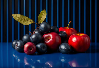 Fototapeta premium Juicy, red cherries in a bowl, isolated on a black background, with a green leaf