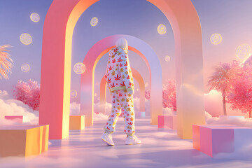 person in cannabis print tracksuit walking through pastel arches with crypto icons