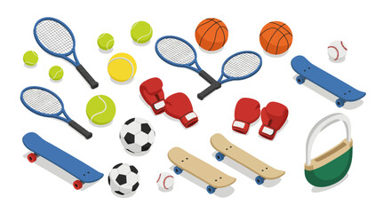 Isometric sports equipment set featuring rackets, balls, and skateboards