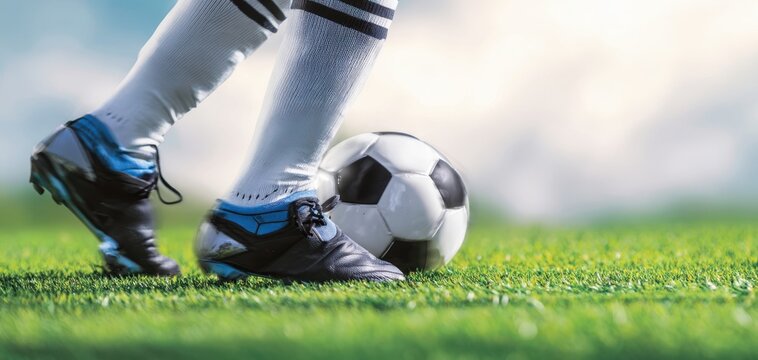 The soccer player skillfully dribbling a ball on a vibrant green field. - Powered by Adobe