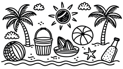 A detailed black and white sketch of beach items such as a sandcastle, bucket, and seashells arranged artistically..eps