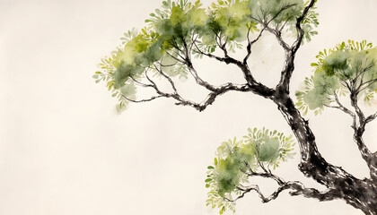 Fototapeta premium Watercolor painting of an autumn tree branch with green leaves 
