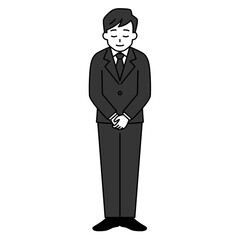 お辞儀をする黒いスーツの男性（全身）