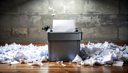Paper shredder overflowing with documents