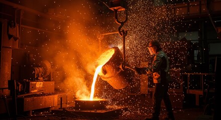 “Cinematic photography of a worker pouring molten metal from a crucible, sparks flying, glowing orange light illuminating his face, full HD, high resolution.”