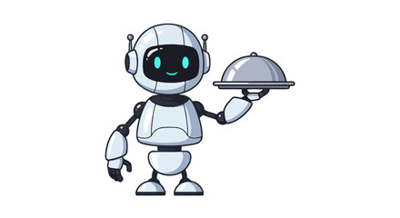 Cartoon Robot Waiter Holding a Silver Serving Tray.