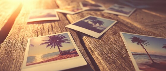 Long Exposure Photography of Polaroid Photos Spread on Rustic Wooden Surface with Beach and Palm Tree Images in Warm Sunset Light