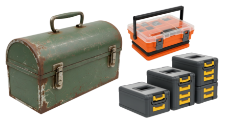 Four toolboxes: green metal, orange plastic, and two gray drawer units on transparent background