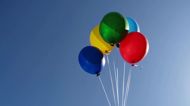 Colorful balloons floating against clear blue sky, hand gripping strings and creating joyful atmosphere with vibrant, playful sense of freedom and celebration
