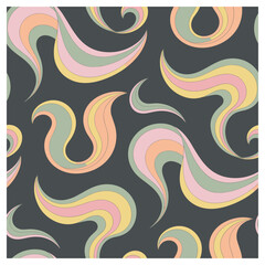 This vibrant seamless pattern features playful swirls and curves in soft pastel hues of pink, yellow, and mint green, set against a contrasting dark background. The dynamic, flowing shapes evoke.
