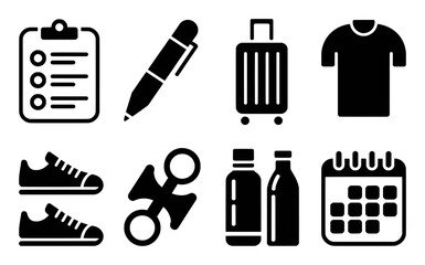 Collection of travel and planning icons: checklist, pen, suitcase, t-shirt, shoes, bottles, calendar
