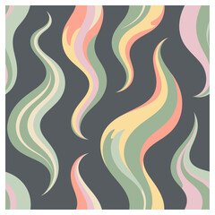 This abstract seamless pattern features smooth, flowing curves in a harmonious blend of pastel shades such as pink, mint green, and soft yellow, set against a dark background.