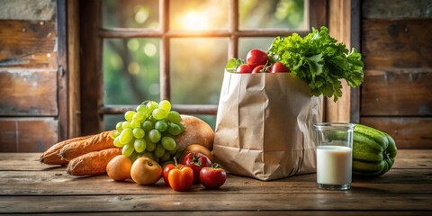 Rustic Kitchen Still Life Fresh Produce and Dairy in Paper Bag near Window