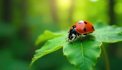 Fototapeta premium Close up of a ladybug with black spots on a red shell sitting on a vibrant green leaf in nature