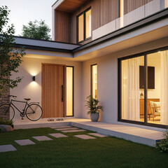 Fototapeta premium Modern Lifestyle Residence with Outdoor Activities and Cozy Garden