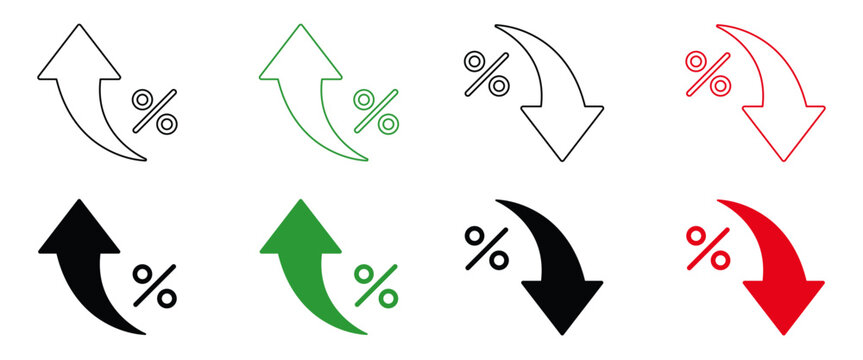 Set of percentage icons with upward and downward arrows in outline and solid styles, representing financial growth and decline, isolated on transparent backgroun