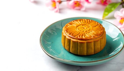 Mooncake on a teal plate, floral background