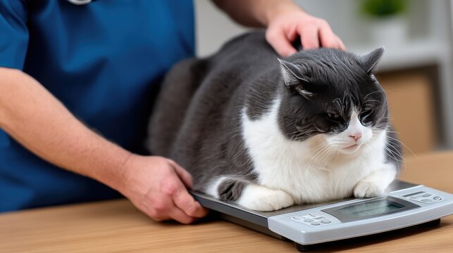 Grey and white cat being weighed at veterinary clinic during health check-up in a bright indoor space - Powered by Adobe