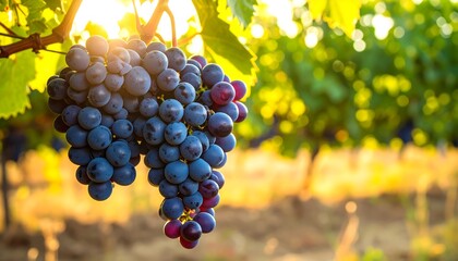 Naklejka premium Clusters of plump purple grapes hanging from vine at sunset