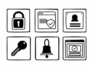 Collection of hand drawn icons representing security access alerts and verification in a digital context