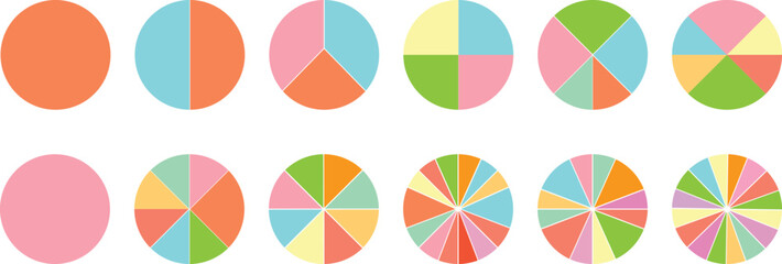 Pie Chart Icons Set, Colorful Circle Infographic Diagrams with Multiple Segments for Data Analysis, Business Presentation, Web and UI Design Vector