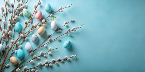 Pastel Easter Eggs and Pussy Willow Branches on a Light Blue Background