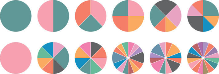 Color Pie Chart Icons Set, Circular Infographic Segments, Wheel Diagram Slices, Cycle Graph Vector Illustration