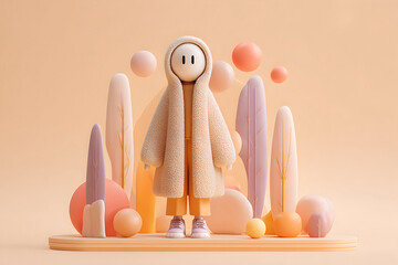 minimal faceless character in long sherpa coat surrounded by pastel trees and floating spheres