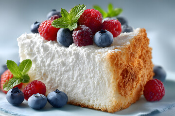 Slice of angel food cake with fresh berries and mint on a pastel background