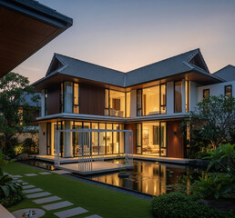 Fototapeta premium Stylish Residential Architecture with Balcony, Plants, and Warm Lights