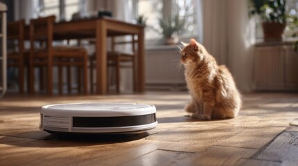 Cat observing robot vacuum cleaner in cozy home environment indoor scene playful interaction
