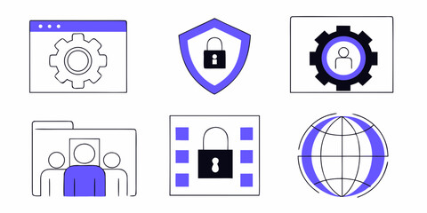 Collection of modern flat icons representing security data management and global network concepts