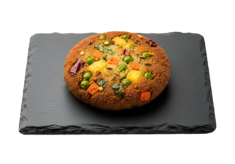 A vibrant, colorful vegetarian patty rests on a dark slate plate, showcasing a medley of vegetables.