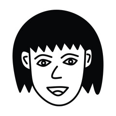 Minimal black and white line art of a smiling person with short hair, perfect for portrait, cartoon style, sketch, or creative illustration design.