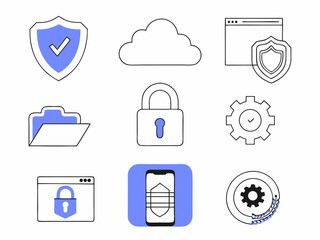 Collection of security and data protection icons including shield lock cloud folder and mobile phone