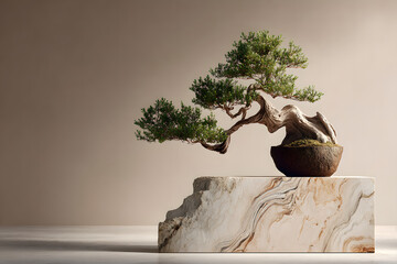 Elegant bonsai tree on marble pedestal in minimalist studio with soft lighting