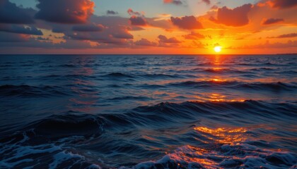 create a captivating sunset on the sea image with the subject positioned on the right, leaving plenty of copy space on the left for text overlay