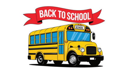 Yellow School Bus with Back to School Banner Isolated on Black Background