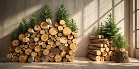 Rustic Interior Design Featuring Stacked Wood Logs and Greenery in a Sunlit Room