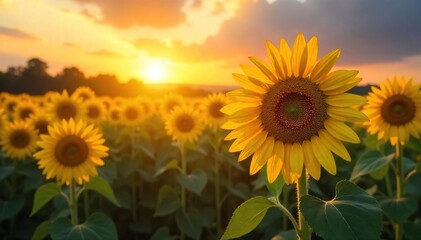 Obraz premium Majestic sunflower field bathed in the warm glow of sunrise, vibrant yellow petals reaching for the golden light A breathtaking scene of natural beauty and serenity , serenity, agricultural