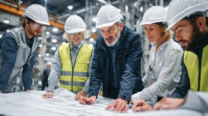A diverse team of engineers collaborates in a site office, studying massive architectural blueprints and detailed 3D models of a power plant, reflecting teamwork, expertise, and complex infrastructure