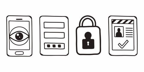 Obraz premium Hand drawn icons representing digital security concepts including surveillance login and identification