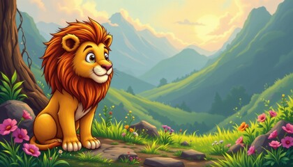 create a cartoon style illustration of a lion, rendered in a fantasy style