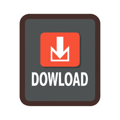 Modern graphic icon with a white download arrow on a red rounded square button above the word download