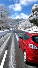 Naklejka premium A white car navigates a winding winter road, gliding through a snowy landscape framed by majestic mountains and evergreens