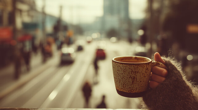 hand holds coffee cup on city street - Powered by Adobe