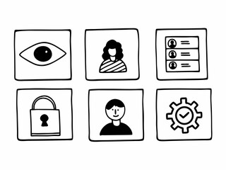 Set of six hand drawn doodle icons representing user profile privacy security and settings